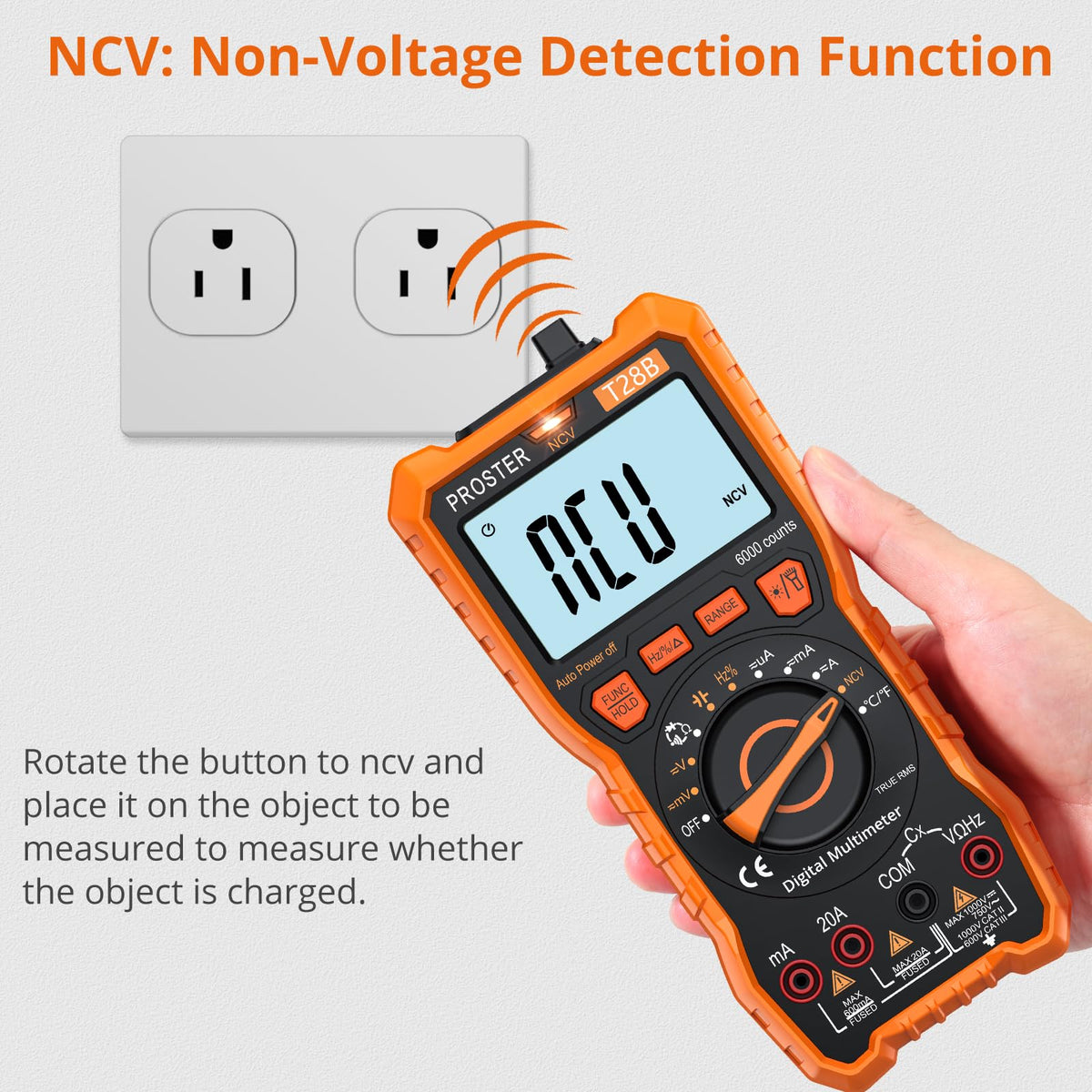 Proster Digital Multimeter - TRMS Voltmeter Multimetro Auto Range Multi Testers, 20A DC AC Current Meter NCV Detector Magnetic Hanging Hands-Free Design with Temperature Probe Backlit LCD Flashlight