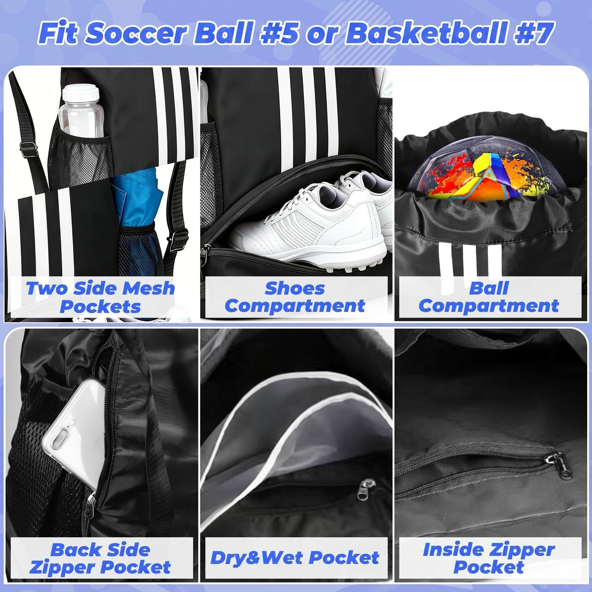 Champhox Soccer Bag, Youth Soccer Basketball Bag with Compartments Drawstring Backpack for Football Volleyball Gym Training (Black)