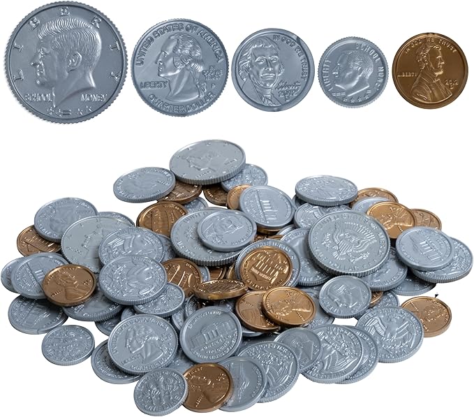 LEARNING ADVANTAGE Play Coin Set - 30 Pennies, 20 Nickels, 20 Dimes, 20 Quarters and 4 Half-Dollars - Realistic Coins for Pretend Play
