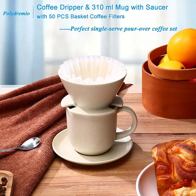 Polydremio Pour Over Coffee Maker, with 50 PCS Basket Coffee Filters, 310 ml/10 oz Mug with Saucer & Coffee Dripper, Ceramic, Off-white