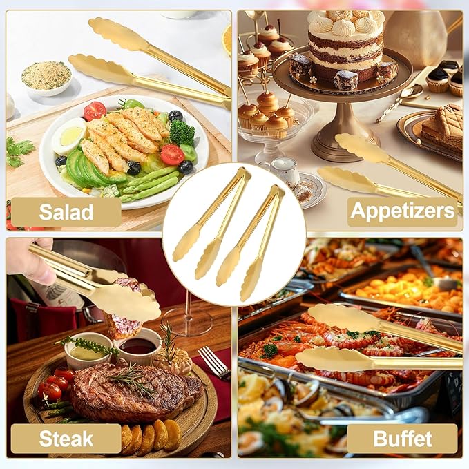 4 Pack Gold Tongs for Serving Food, 9 Inch Serving Tongs for Buffet, Party Salad Tongs for Stainless Steel Utensils, Metal Kitchen Tong for Steak, Appetizer, Snack and Small Food