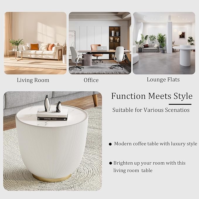 Round Coffee Table Set with Sintered Stone Tabletop, 29.53" Orange Drum Center Table and 19.69" White Coffee Table Set, 2 Pieces Living Room Table Set with Fluted PU Leather Cover& Metal Base