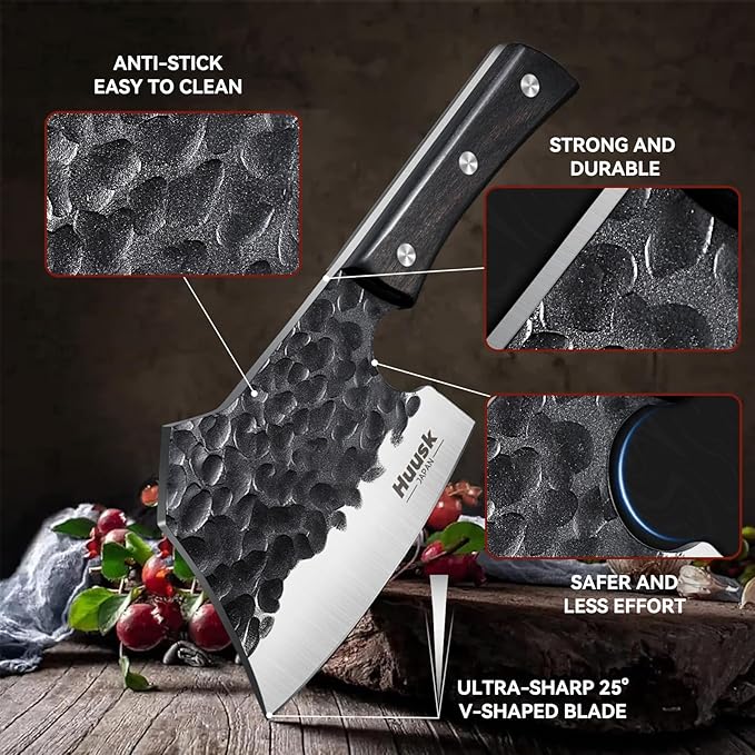 Huusk Meat Cleaver Knife Heavy Duty Bone Chopper, Hand Forged Kitchen Axe