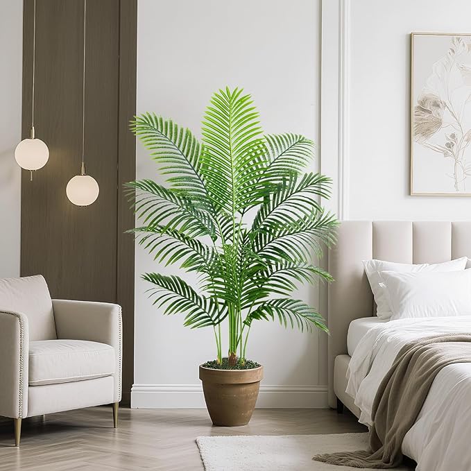 Artificial Fake Palm Tree 4FT Tropical Faux Palm Trees in Pot with 13 Trunks and Real Bark Design Areca Floor Plant Faux Palm Plant for Indoor Outdoor Home Decor