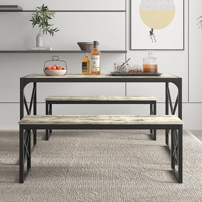 VECELO Kitchen Dining Table Benches Set for 4, 55" Wooden Dinette with 2 Benches, Heavy-Duty Dining Room Table for Small Space, Breakfast Nook, Grey