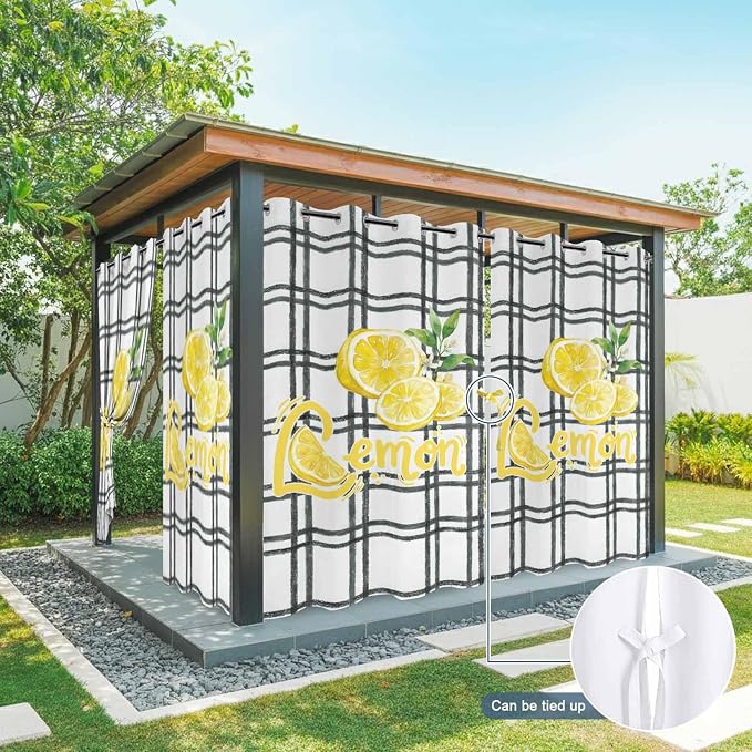 Lemon Outdoor Curtains for Patio Lemon Leaves Summer Plaid Buffalo Waterproof