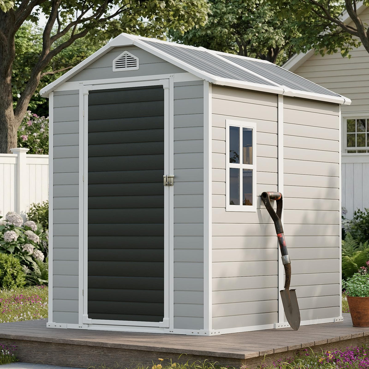 WELYAS 8x6 FT Resin Storage Shed with Floor Windows Lockable Double Door Vents, Large Waterproof Plastic Garden Sheds for Outdoor Backyard Storage Tools Lawnmover, Gray