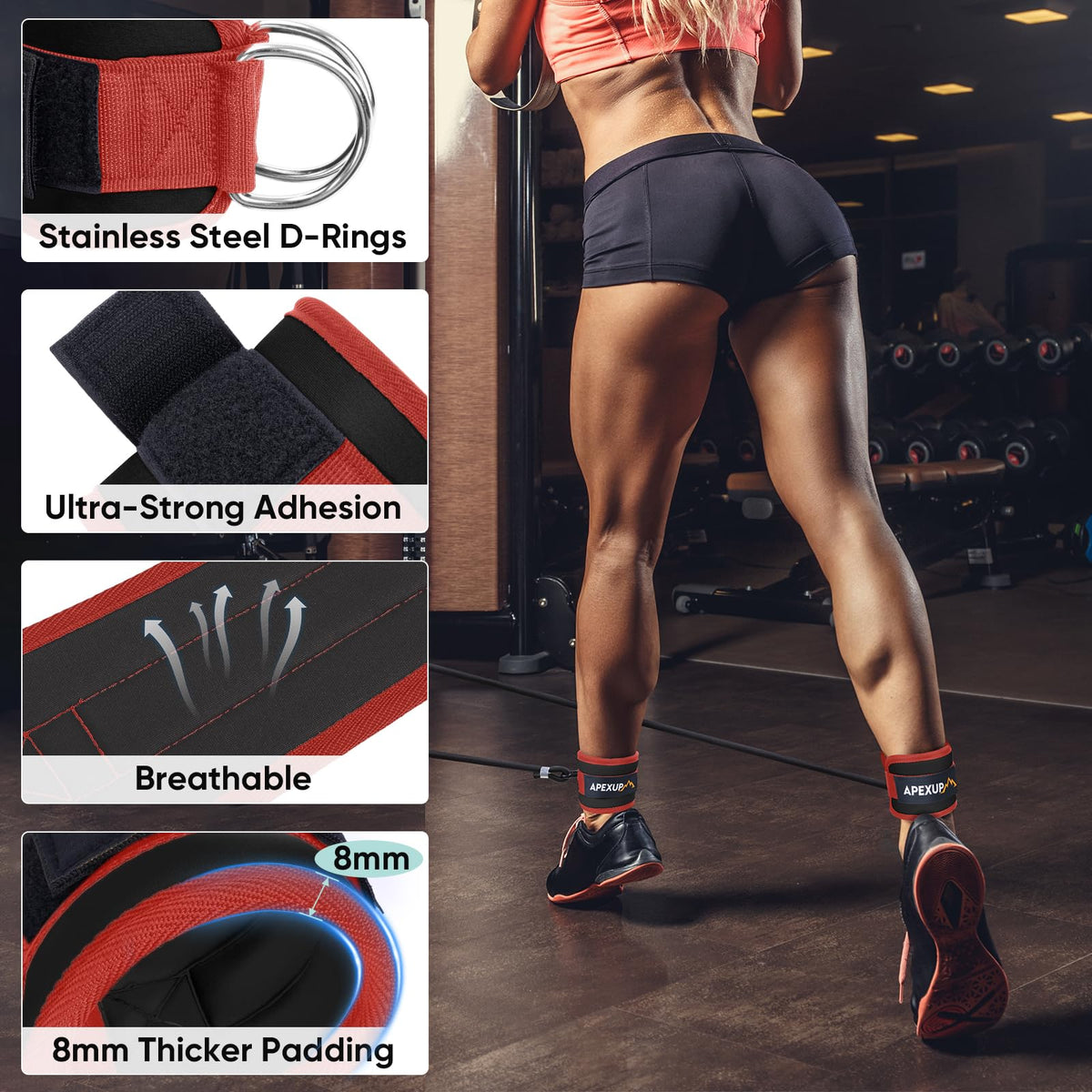 APEXUP Ankle Strap for Cable Machine, Ankle Resistance Bands, Cable Kick Back Straps for Gym, Glute Workouts, Leg Extensions, Adjustable Straps with Neoprene Padding (Single, Black+Red)