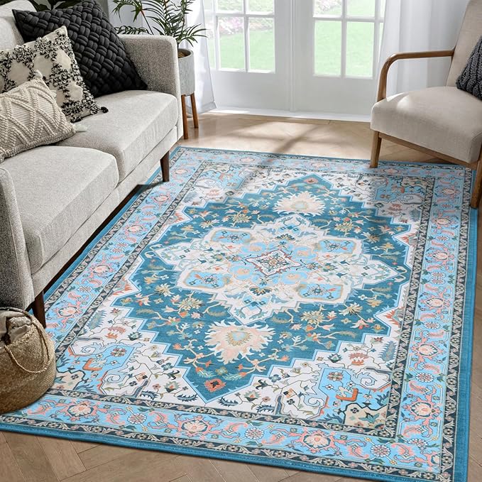 WILLSUN Washable Area Rugs, 3x5 Non-Slip Boho Large Area Rugs for Living Room, Bedroom, Machine Washable Vintage Rug, Indoor Floral Print Carpet for Home Decor, Kid & Pet Friendly Mat