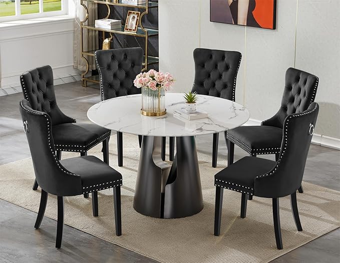 7-Piece Faux Marble Round Dining Table Set for 6, Modern Luxury Kitchen Table Set for 6 with Black Tufted Chairs,Circle Dining Tables with White Marble Grain Top and Black Pedestal Base