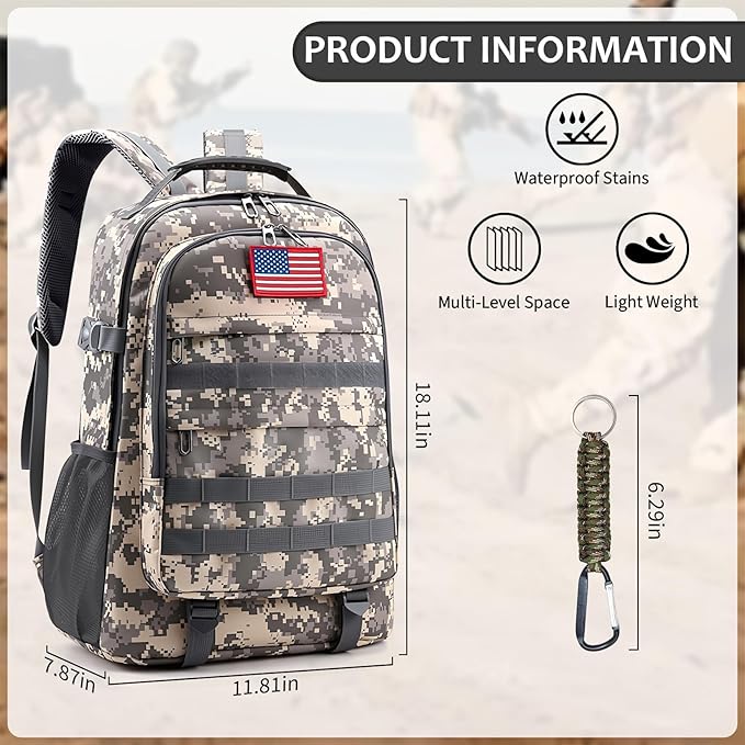 School Backpack for Boys - Camo Boys Backpack for Kids Teens Elementary Middle School - 18″ Camouflage Bookbag with Usb Charging Port & Key-chain