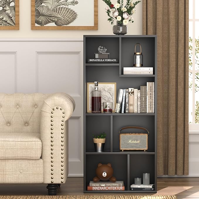 VECELO 42 Inch High Bookcase, 4-Tier Modern Storage Cabinet with Height Difference Shelves for Standard Textbooks, Floor Standing Display, 7 Cubes, Horizontal Avaiable, Easy Assembly, Black