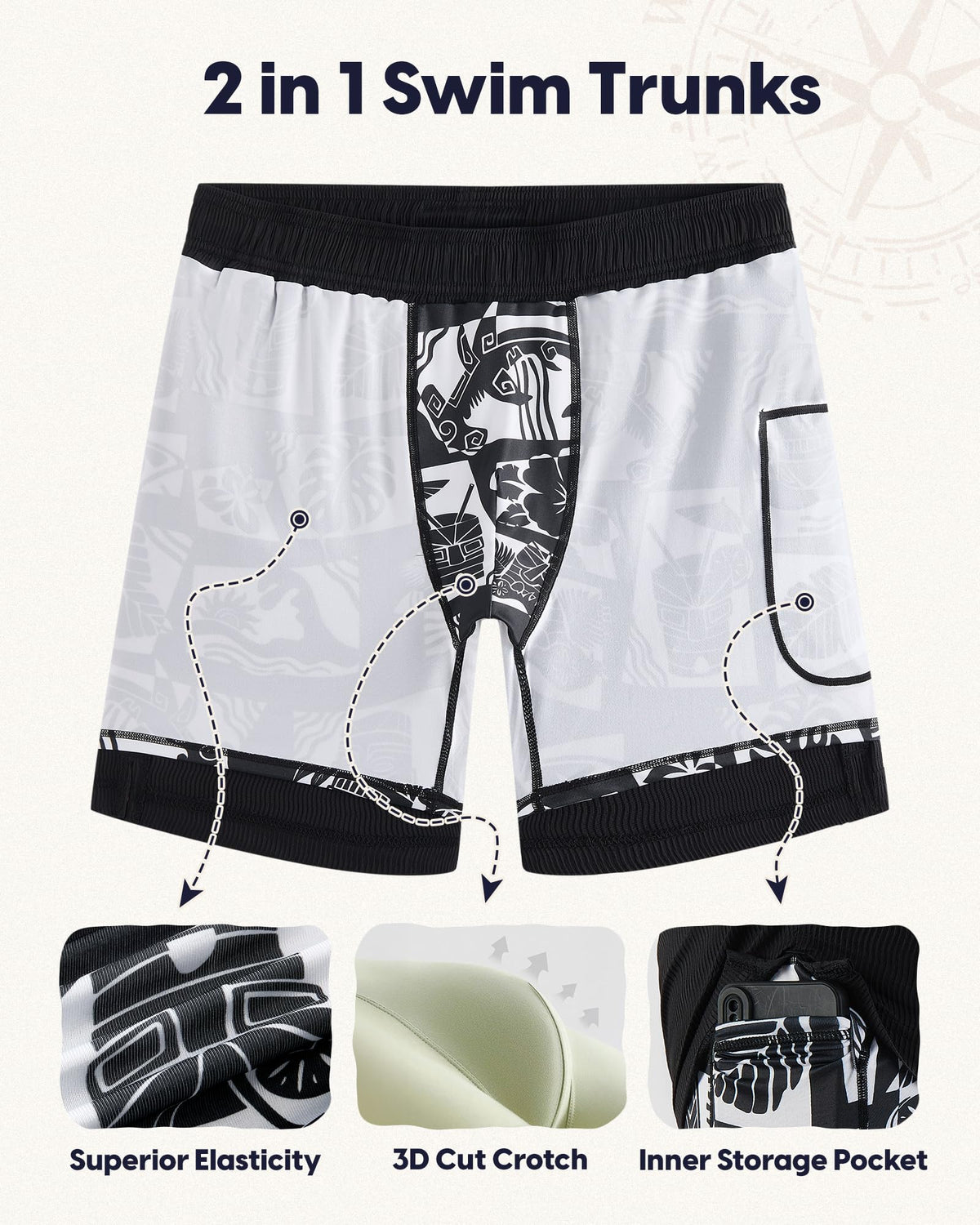 maamgic 7 Inch Wavy Texture Mens Swim Trunks - Mens Bathing Suit with Compression Liner Quick Dry Zipper Pockets Swimwear Black-White