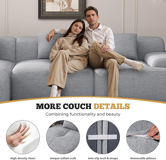 122" Modern Boneless Couches for Living Room, Convertible L Shaped Modular Sectional Sofa,4 Seater Cloud Couch Sofa Set, Light Grey 1 PCS