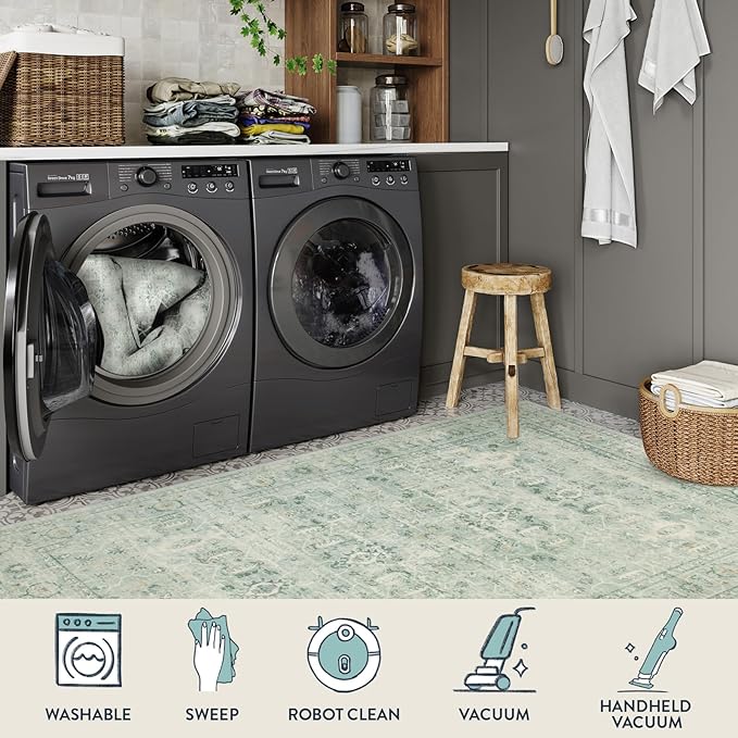 Lahome Vintage 5x7 Washable Green Rugs for Living Room Bedroom, Soft Dining Room Rugs for Under Table, Non Slip Indoor Throw Carpet for Entryway Kitchen Office (5x7ft,Light Green)