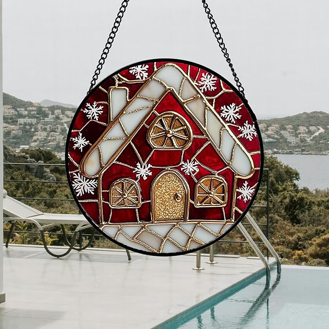 Stained Glass Window Hanging 4 Pcs Set Red Christmas Themed Decorations Large 15" - Suncatcher Door Garden Sun Catcher Decor Birthday New Year for Mom Woman Nana Men