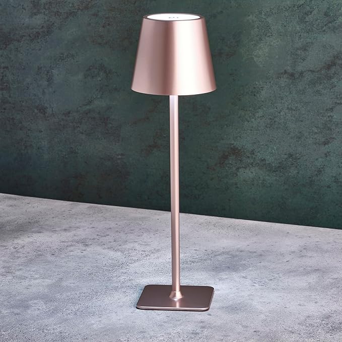 Mikasa 14.8-Inch Blush Rechargeable LED Lamp with Touch Control - Elegant Aluminum Design, 3 Light Colors, Stepless Dimming, 5000mAh Battery, Perfect for Home Office and Living Room