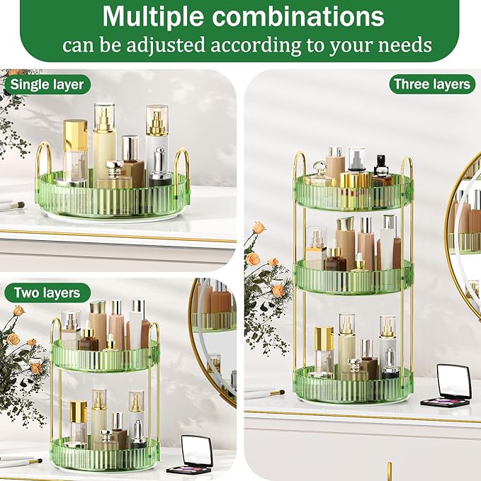 MOKANI 360 Rotating Makeup Organizer for Vanity, 3 Tier Adjustable Perfume Organizer for Dresser, Multi-Function Spinning Cosmetics Skincare Storage for Bedroom, Dresser, Countertop, Green