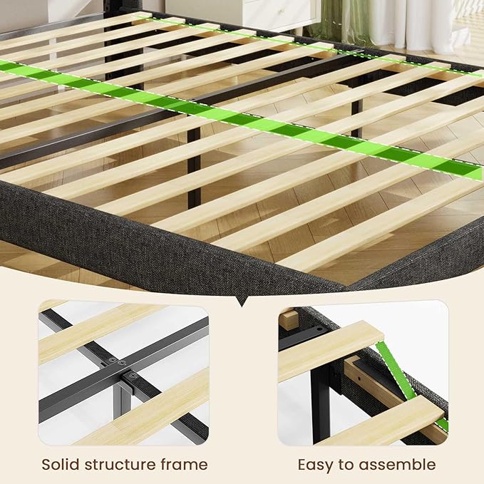 LED Full Size Bed Frame with 2 Storage Drawers, Upholstered Full Bed Frame with Headboard and Charging Station, No Box Spring Needed, Easy to Assembly-Dark Grey