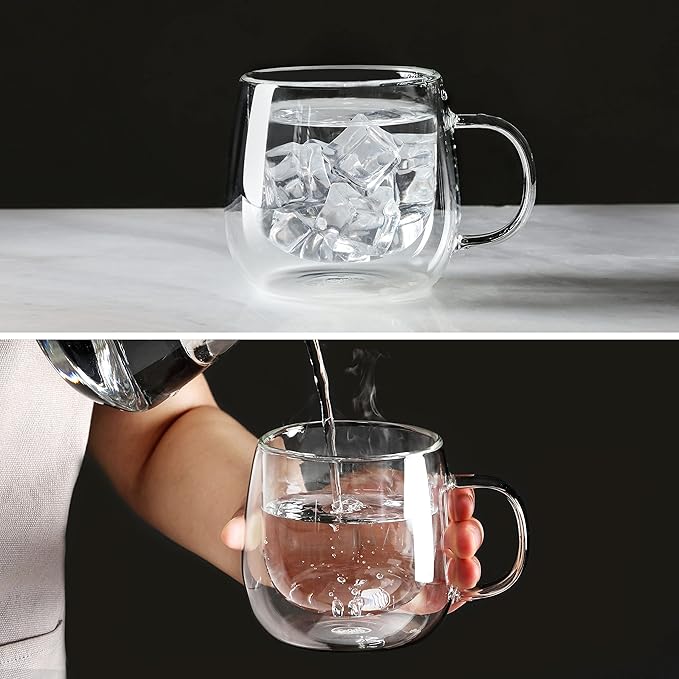 CNGLASS 10oz Double Walled Glass Coffee Mugs(2-pack),Clear Coffee Cups with Handle,Glass Espresso Mugs for Latte,Cappuccino,Tea