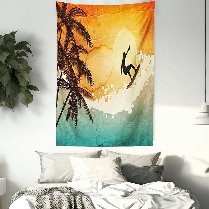 Ambesonne Grunge Tapestry, Illustration of Tropical Island Surfer on Sea Waves and Palms at Sunset, Fabric Wall Hanging Decor for Bedroom Living Room Dorm, 30" X 45", Orange Turquoise Black