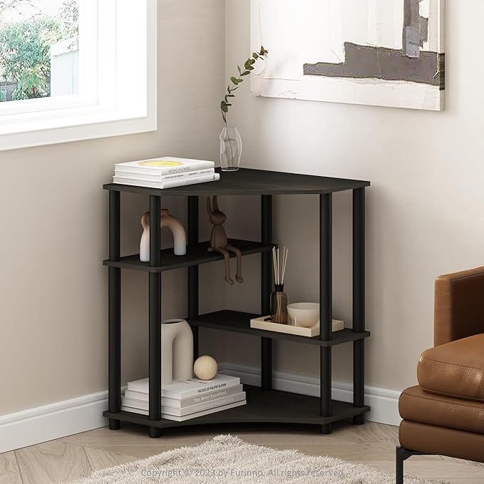 Furinno Turn-N-Tube Storage Shelves, 4-Tier Corner Shelf, Display Rack, Corner Bookshelf, for Organization and Storage, Living Room, Home Office, Espresso