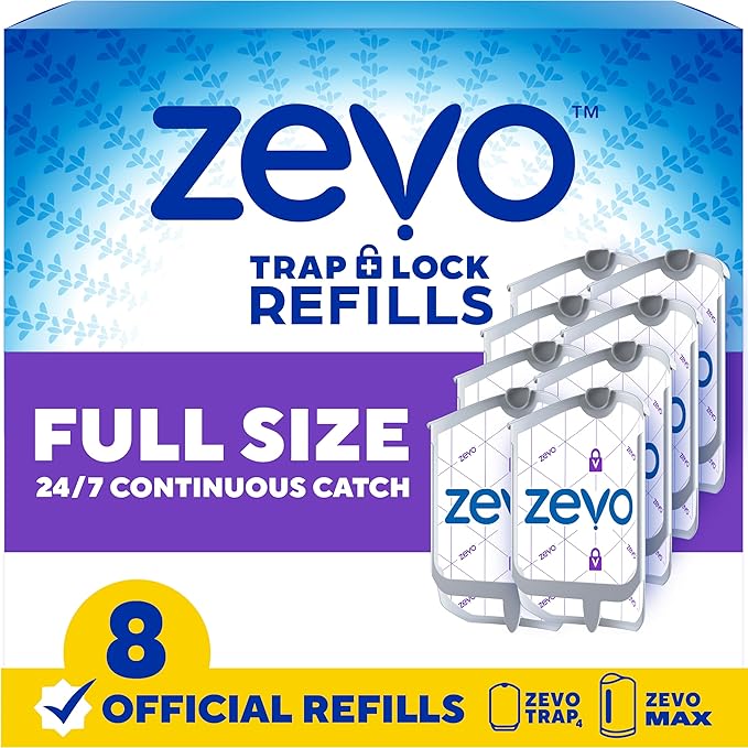 Zevo Flying Insect Trap Official Refill Cartridges - Fits Both Zevo Trap & MAX Indoor Fly Trap - Authentic Trap+Lock Technology to Catch Gnats, House & Fruit Flys (8 Official Refill Cartridges)