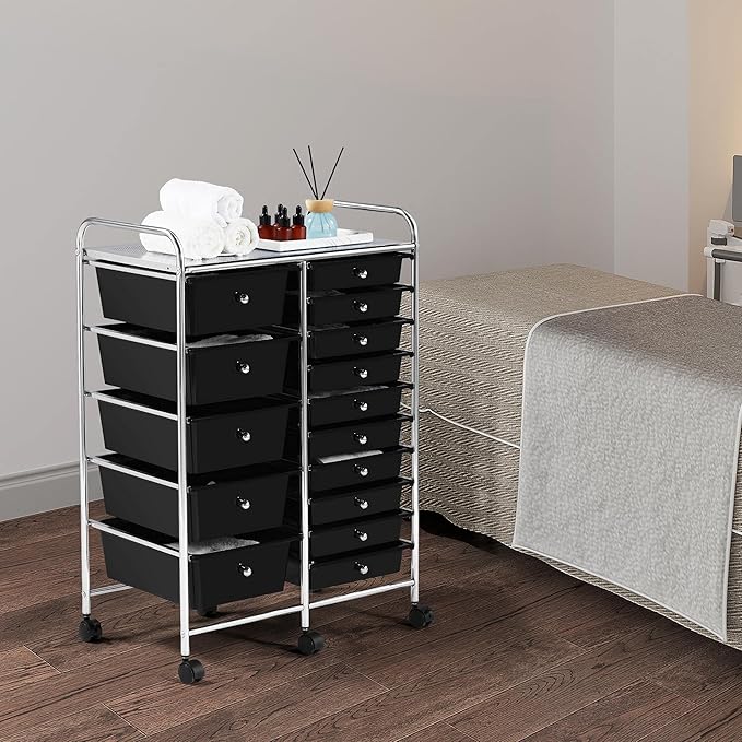 Yaheetech 15 Drawers Rolling Storage Cart Multipurpose Mobile Rolling Utility Storage Organizer Cart Tools Scrapbook Paper Organizer on Wheels, Black