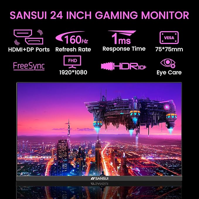 SANSUI 24 Inch Gaming Monitor 160Hz FHD 1080P Computer Monitor, FreeSync 1ms 4000:1 Contrast, HDMI DP Ports VESA Support Eye Care Monitor for Gaming Office (HDMI Cable Included ES-G24F4M)