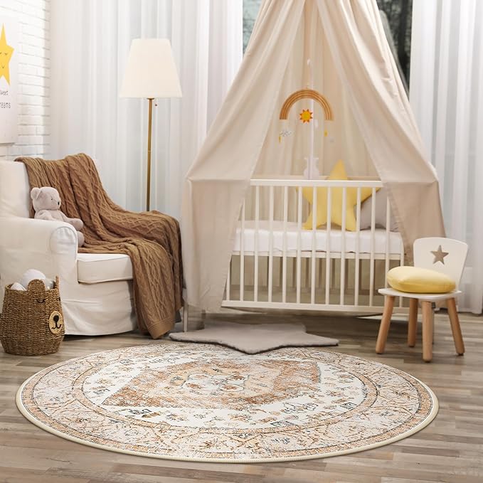Lahome Boho Round Rug - 3Ft Washable Area Rug, Non-Slip Small Bathroom Rug, Lightweight Bedroom Throw, Oriental Distressed Print Carpet for Entryway, Sofa, Nursery, Kids Room