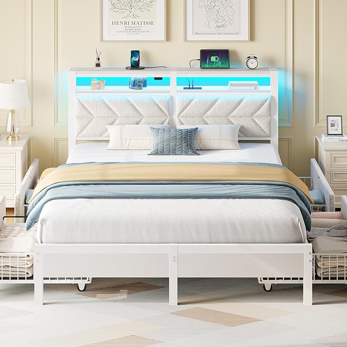 Seventable Queen Bed Frame with 4 Storage Drawers, Charging Station & LED Lights, Upholstered Headboard with 2-Tier Shelves, Metal Platform Bed, No Box Spring Needed, Noise-Free, White