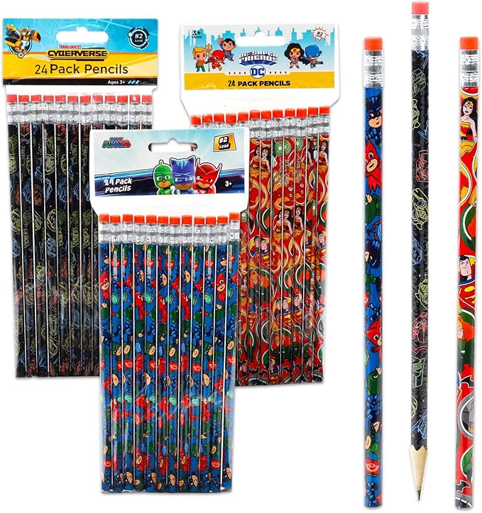 Bulk Pencils for Boys Classroom - Bundle with 72 Pencils for Preschool Kindergarten Classroom Prize Box Featuring Transformers, DC Super Friends, PJ Masks | Toddler Party Favors and Supplies
