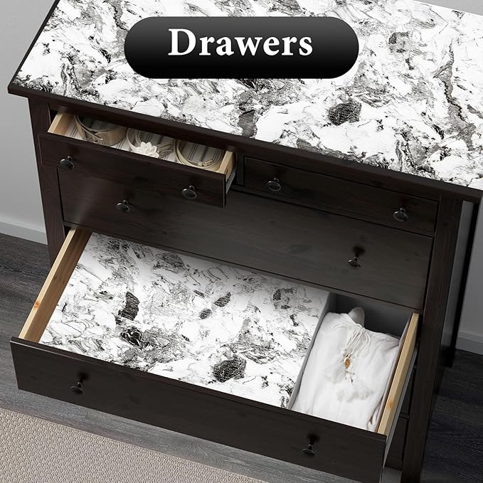 Drawer and Shelf Liner for Kitchen Cabinet: 17 in X 20 Ft Non Slip Waterproof Shelf Paper Non Adhesive Refrigerator Liners Grey and White Marble Easy Liners for Bathroom with Knife Tape Measure