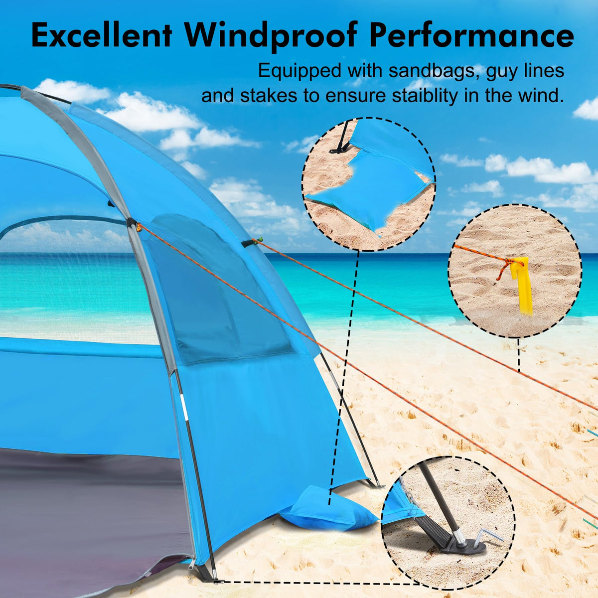 WhiteFang Beach Tent Anti-UV Portable Sun Shade Shelter for 4 Person, Extendable Floor with 3 Ventilating Mesh Windows Plus Carrying Bag, Stakes and Guy Lines (Blue)