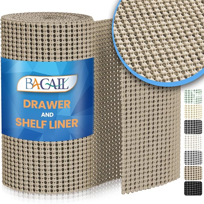 BAGAIL Drawer and Shelf Liner, 20 in X 10 Ft Non-Adhesive Shelf Liners for Kitchen Cabinets, Thick Strong Grip Liners for Desk, Shelves, Bathroom Drawers, Cabinet Protection - Beige