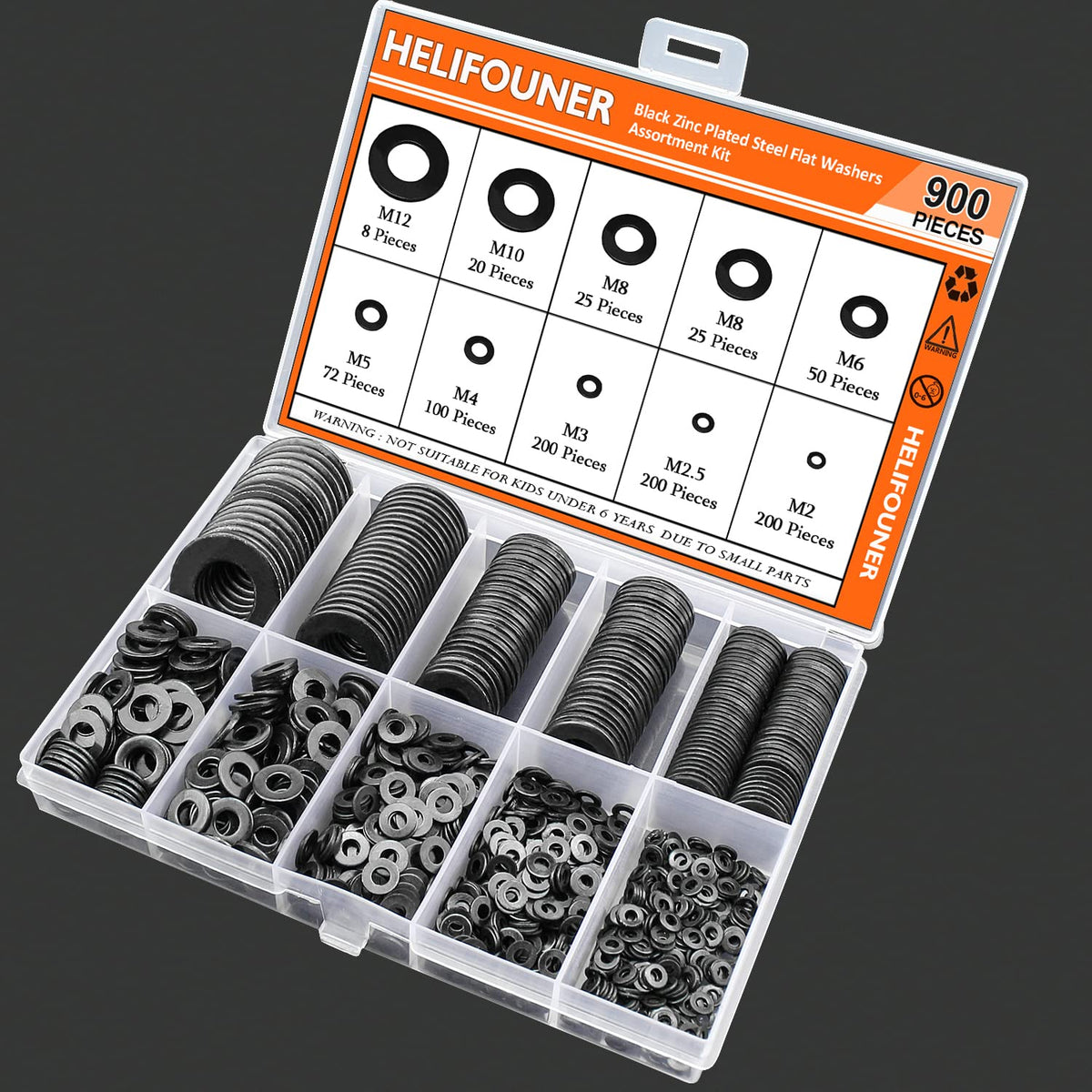 900 Pieces Black Zinc, HELIFOUNER Flat Washers Assorted Kit, Flat Washers, Metric Washers, Lock Metal Washers (M2 M2.5 M3 M4 M5 M6 M8 M10 M12)