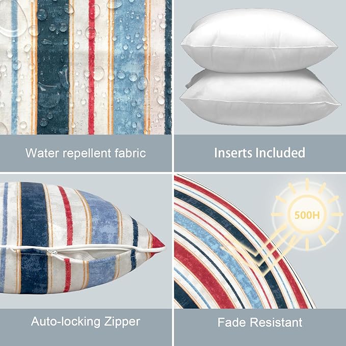 LVTXIII Set of 2 Patio Throw Pillows Waterproof 16"x16" Fade Resistant Outdoor Throw Pillows with Inserts, Fluffy Decorative Garden Toss Pillow Cushions for Home Patio Coach Sofa Use, Stripe Red Blue