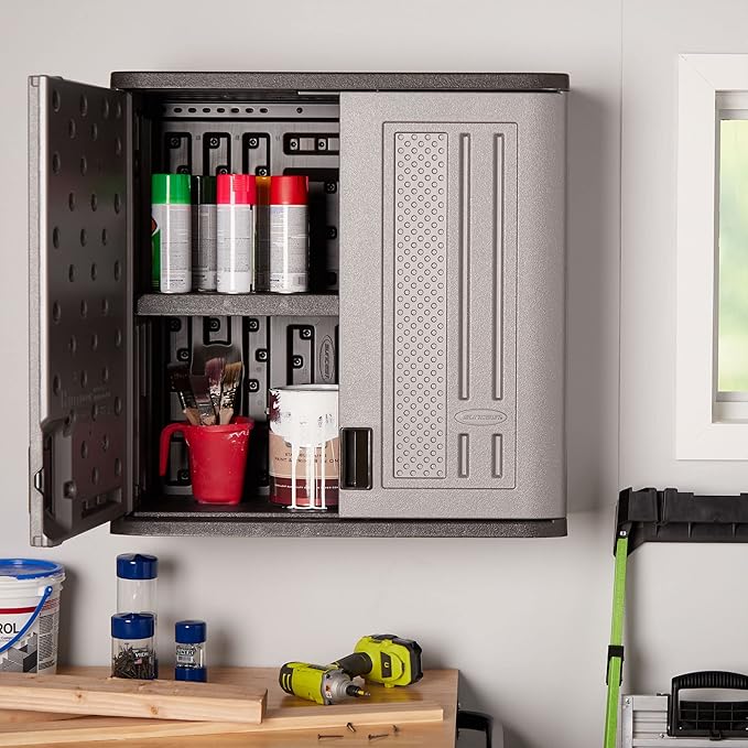 Suncast BMC3000 Cabinet-Resin Construction for Wall Mounted Garage Storage, 30.25" Organizer Doors & Slate Top, Silver/Platinum