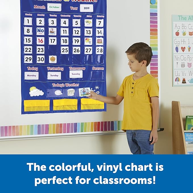 Learning Resources Calendar & Weather Pocket Chart - Classroom Must Haves, Teacher Supplies, Back To School, Daily Routine For Kids, Kindergarten and Homeschool Essentials, Vocabulary Flash Cards