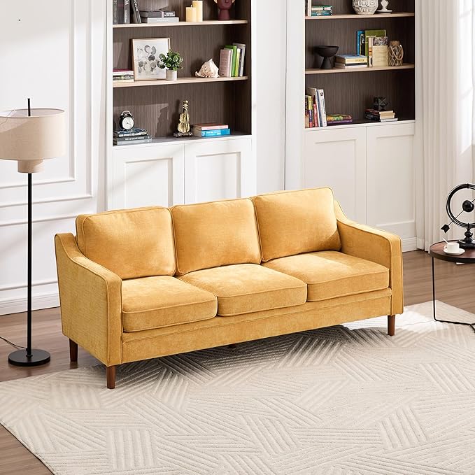 Kingfun 80" Chenille Sofa, 3 Seater Couch, Mid Century Modern Couches with Solid Wood Frame for Living Room & Bedroom, Yellow