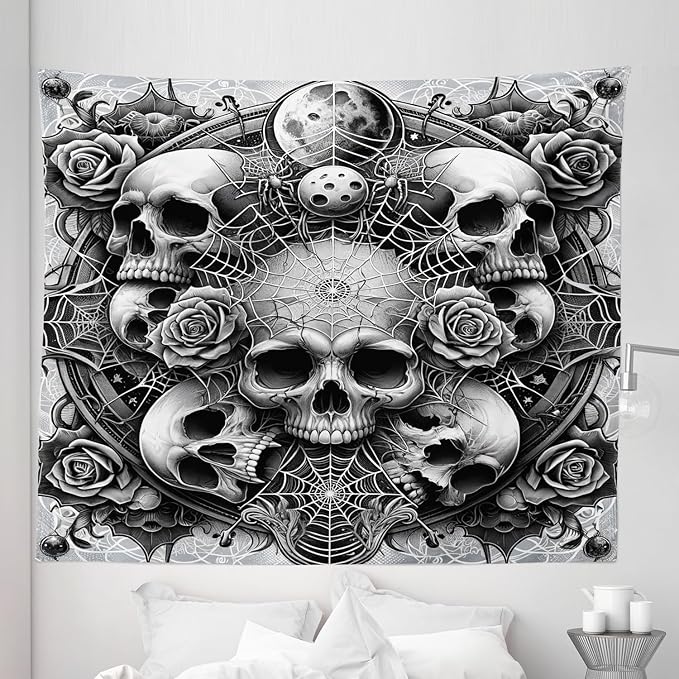 Ambesonne Gothic Tapestry King Size, Dark Tone Neo Spooky Vampire Skulls with American Traditional Roses, Wall Hanging Bedspread Bed Cover Wall Decor, 104" X 88", Pale Grey Dark Grey White