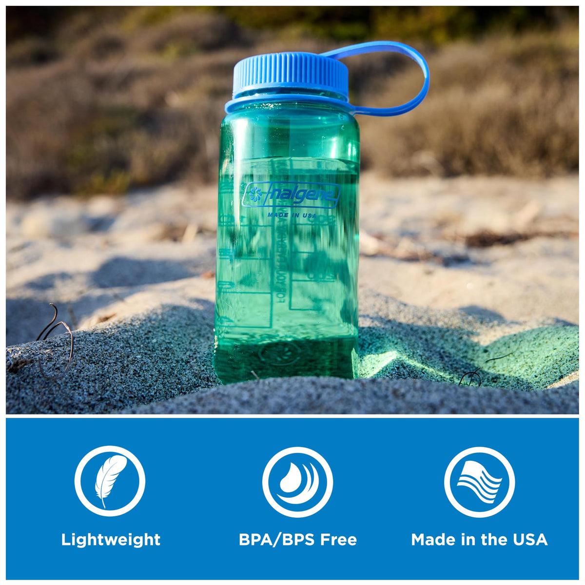 Nalgene 16 oz Wide Mouth Water Bottle | Slim Cup Holder Size, BPA-Free, Durable & Leak Proof Travel Bottle – Thrill & Motion, Oil Green w/Freesia