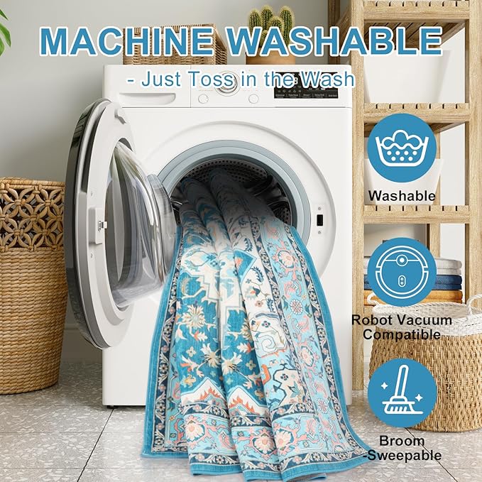 WILLSUN Washable Area Rugs, 5x7 Non-Slip Boho Large Area Rugs for Living Room, Bedroom, Machine Washable Vintage Rug, Indoor Floral Print Carpet for Home Decor, Kid & Pet Friendly Mat