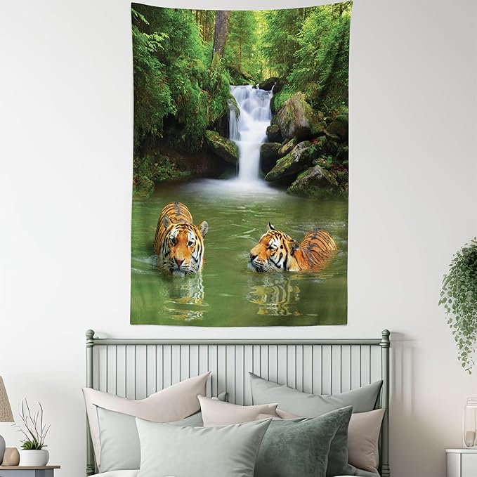 Ambesonne Savannah Tapestry Twin Size, Siberian Tigers in Water Waterfall Pool Woodland Swimming Natural, Wall Hanging Bedspread Bed Cover Wall Decor, 68" X 88", Reseda Green Orange