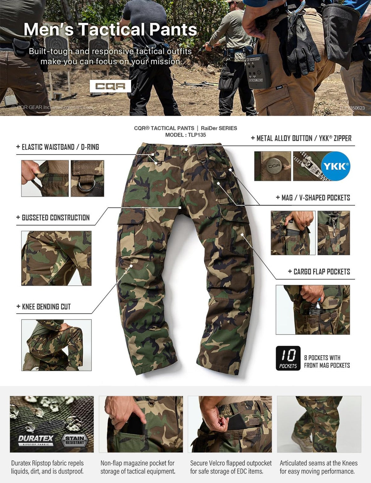 CQR Men's Tactical Pants, Water Resistant Ripstop Cargo Pants, Lightweight EDC Work Hiking Pants, Outdoor Apparel, Duratex Mag Pocket Print Woodland Camo, 38W x 32L
