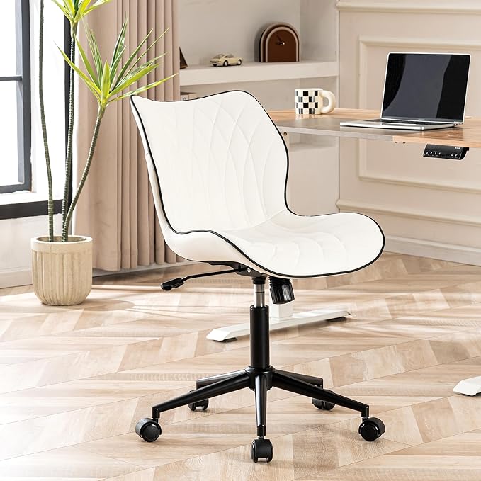 YOUNUOKE Armless Desk Chair Comfy Office Chair with Wheels Home Ergonomic Task Chair Adjustable Computer Chairs Modern Faux Leather Swivel Chair Upholstered Makeup Vanity Chair with Back(White)