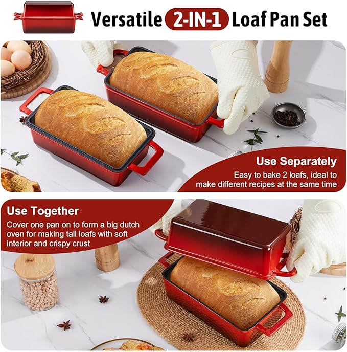 P&P CHEF 2-In-1 9 x 5 Inch Cast Iron Loaf Pan with Lid, Red