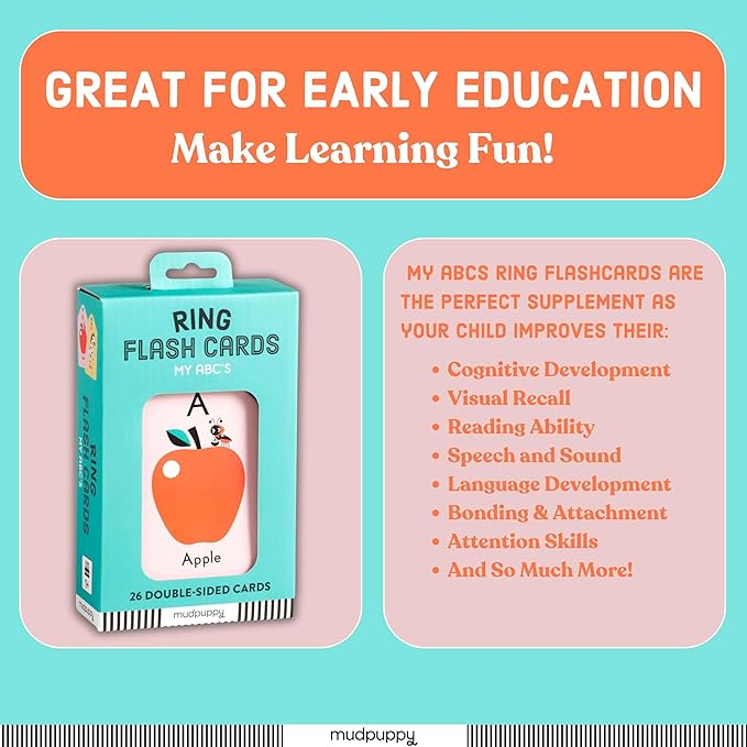 Mudpuppy My ABC's — Ring Flashcards 26 Durable Double Sided Alphabet Cards And Reclosable Ring With Colorful Art For Kids Ages 1+ Perfect For Preschool Or Travel For Teachers And Parents