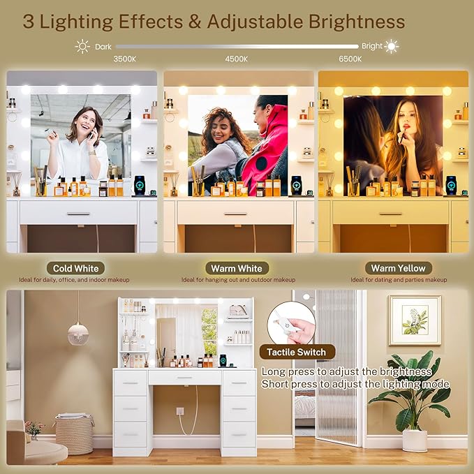 Large Makeup Vanity, 42.1" Vanity Desk with Mirror and Lights, Makeup Vanity Table with 7 Drawers, 4 Shelves, 5 Jewel Hooks & Power Strip, Vanity Desk Set for Bedroom, White