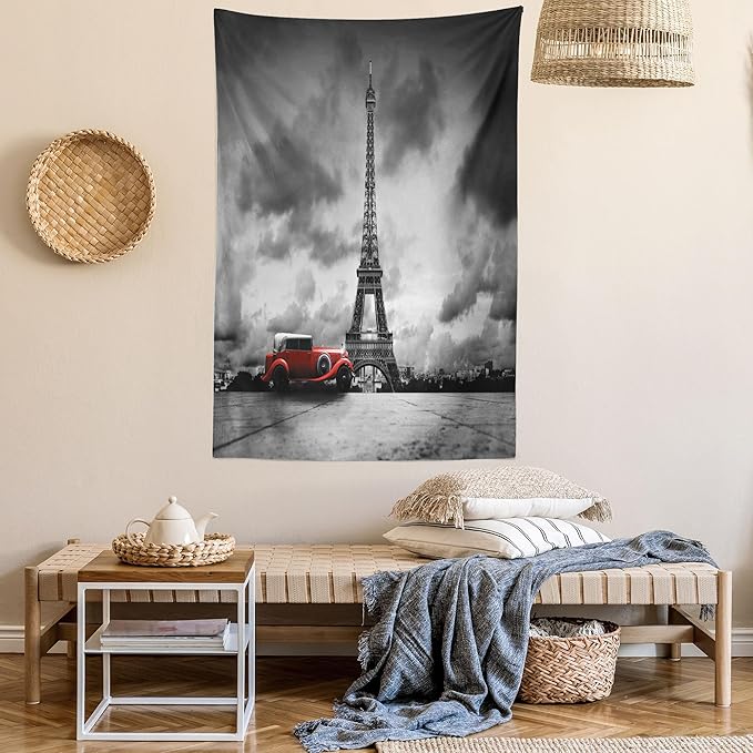 Ambesonne Eiffel Tower Tapestry Queen Size, Image of Eiffel Tower Paris France Vintage Car Street Dark Clouds, Wall Hanging Bedspread Bed Cover Wall Decor, 88" X 88", Black Red